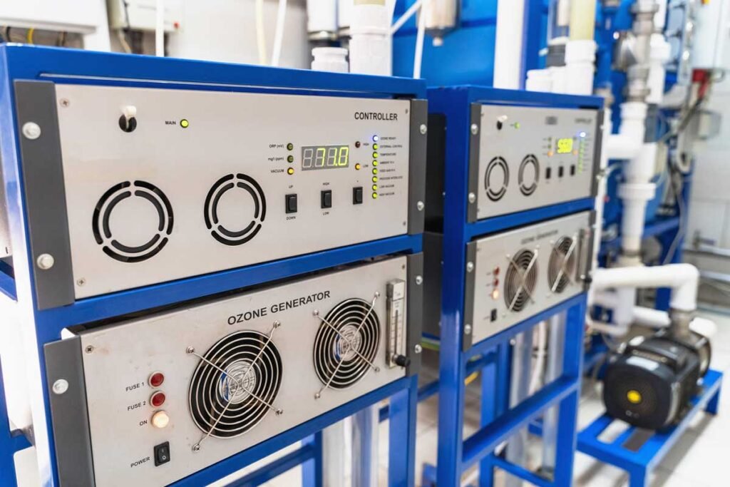 Ozone generators and controllers with digital displays and fans in an industrial setting.