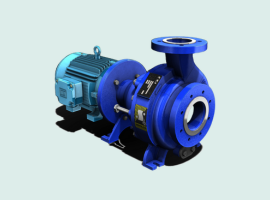 Bright blue centrifugal pump with attached electric motor on a light background.
