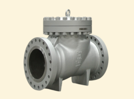Industrial metal check valve with bolted cover, featuring flanged ends and a lifting loop on top, against a beige background.