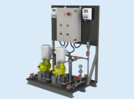 Industrial pump system with dual bright yellow pumps, control panel, and connected piping on a metal platform.