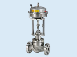 Industrial control valve with flanged ends, metallic finish, and cylindrical actuator on top against a light blue background.
