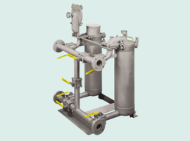 Industrial filtration system with two vertical cylindrical filters connected by pipes and valves.