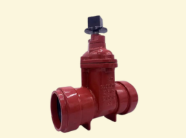 Red industrial gate valve with flanged ends, shown upright against a plain background.