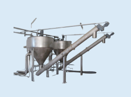 Industrial stainless steel equipment with conical tanks and horizontal pipes on a light blue background.