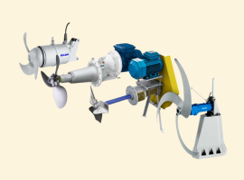 Industrial machinery with multiple components, including motors and propellers, on a light beige background.
