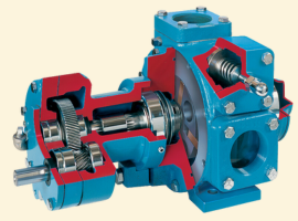 Cutaway view of a blue industrial gear pump, showing internal gears and components.