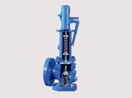 Blue industrial safety valve with a spring mechanism, used for pressure regulation in piping systems, on a neutral background.