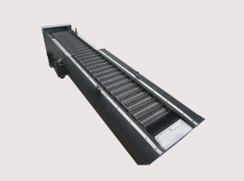 Industrial metal conveyor belt with chain links, set on a light background.