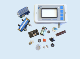Assorted electronic components and a digital display device on a light blue background.