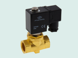 Brass solenoid valve with black actuator, featuring threaded ports and labeled JP Fluid Control.