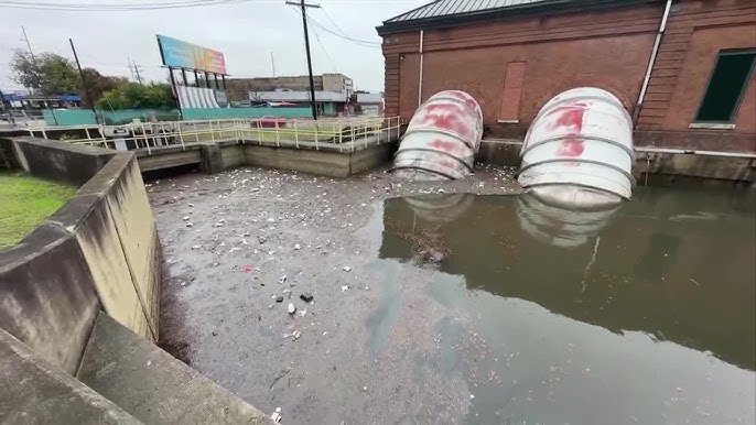 A partially drained canal with scattered debris runs along the East Bank. Two large, cylindrical outflows are attached to a brick building on the right, part of a New Orleans wastewater treatment plant. A billboard and industrial structures loom under an overcast sky.