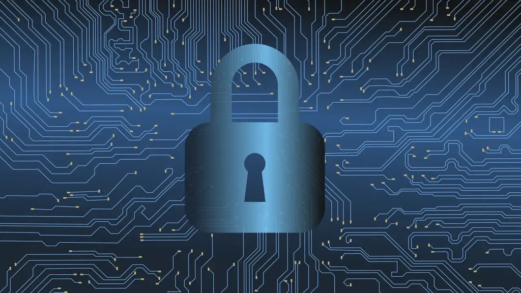 Blue digital lock icon on a circuit board background, symbolizing cybersecurity and data protection.