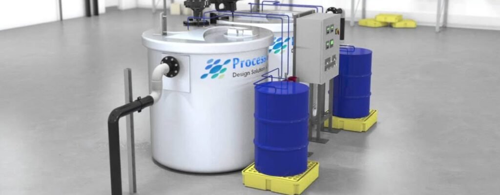 Industrial chemical processing setup with a white tank, blue barrels, and control panel on a gray floor.