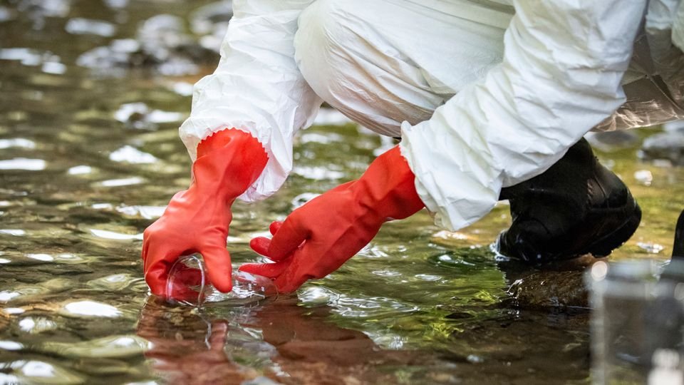 Person in protective suit and red gloves collecting water sample from a stream.