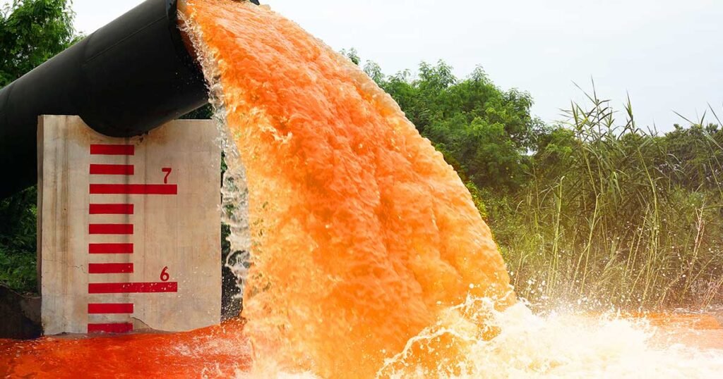 Orange water pouring from a large black pipe beside a concrete water level marker in a lush green area.
