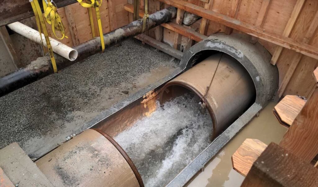 Water flows through a large concrete pipe inside a wooden construction trench, surrounded by gravel and secured with straps.