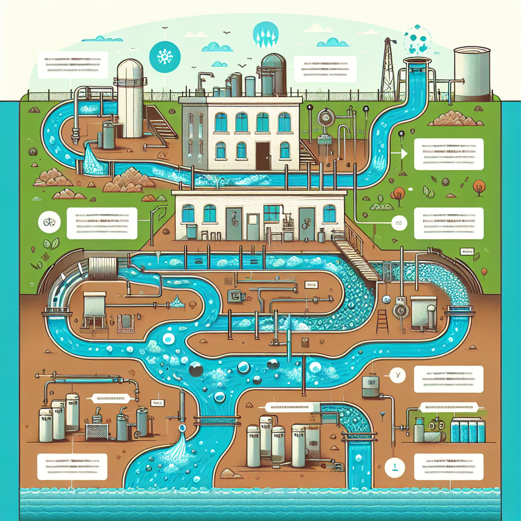 Illustrated diagram of a water treatment plant showing the process from water intake, filtration, and chemical treatment, to clean water distribution. Arrows and labels explain each stage. Pipes connect various equipment and buildings throughout the facility.