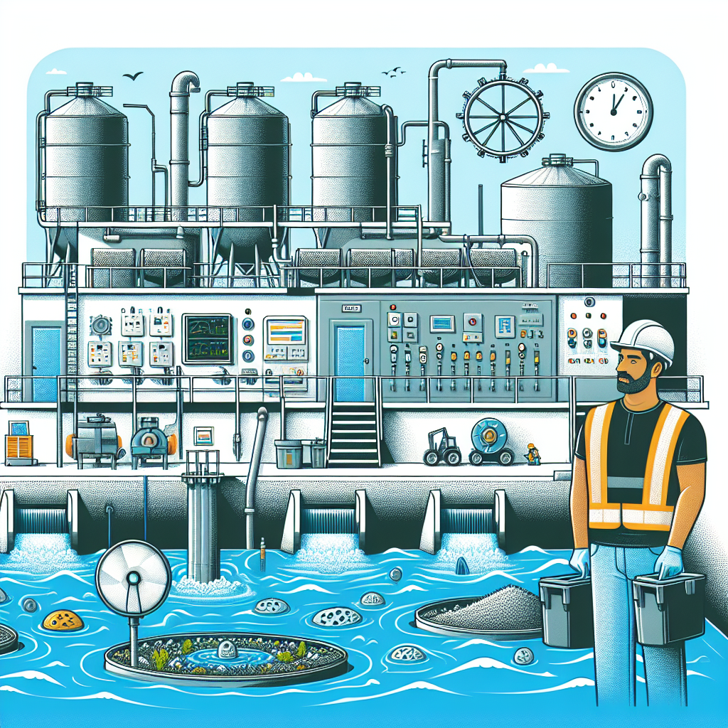 A worker in a safety vest and hard hat stands by water tanks, holding two buckets, in front of an industrial water treatment plant with pipes, control panels, and large cylindrical containers.