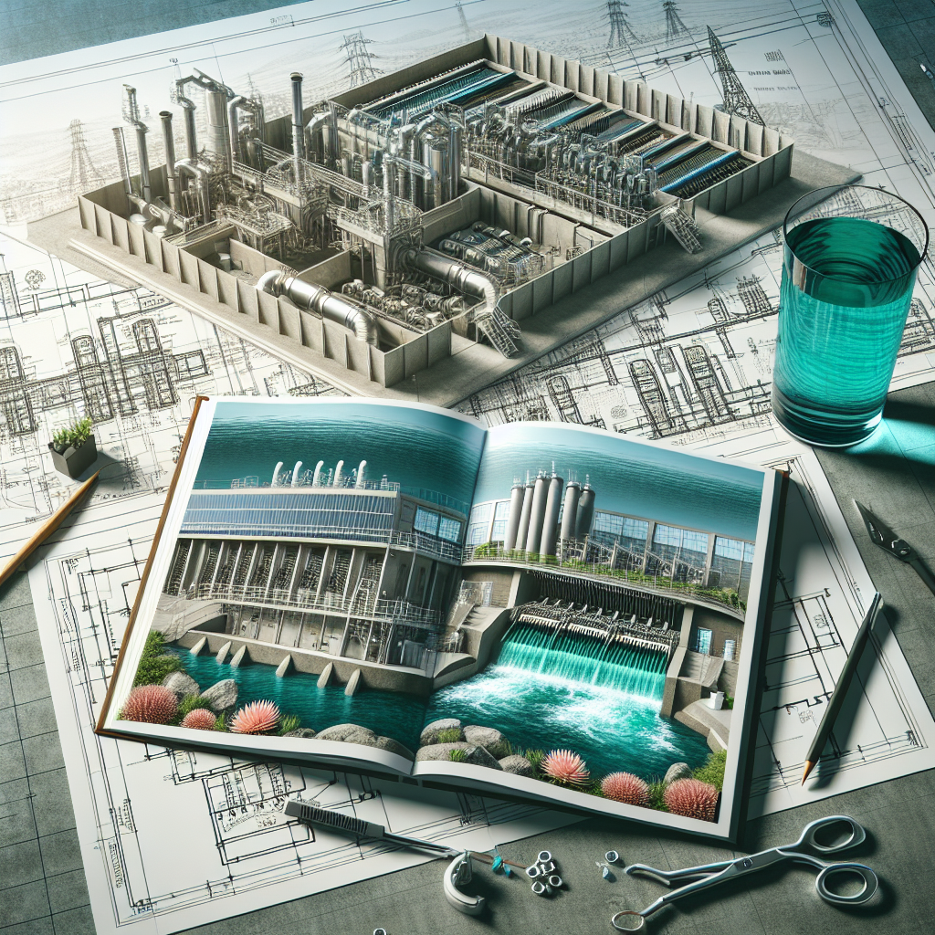 A book open to colorful illustrations of industrial and water treatment facilities lies on technical blueprints, surrounded by engineering tools, a pencil, and a glass of water. A 3D model of a factory sits atop the blueprints.