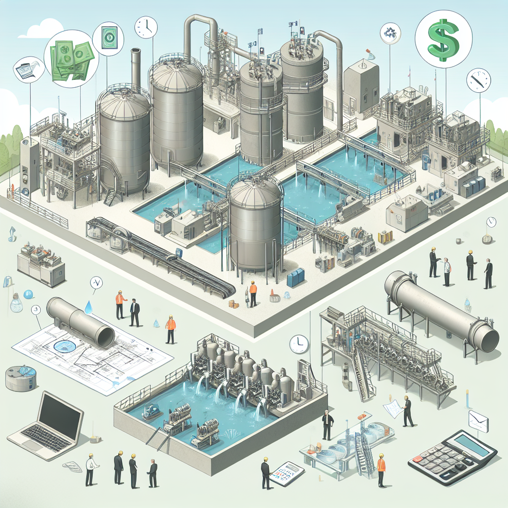 A detailed illustration of a modern water treatment plant, with tanks, pipes, engineers, technical diagrams, and financial icons like money and calculators, highlighting both technical and economic aspects of water management.