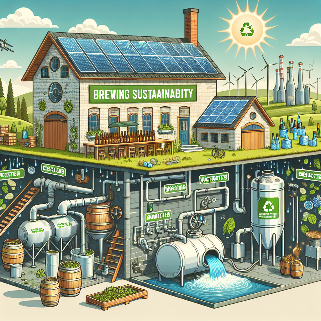 An eco-friendly brewery with solar panels and wind turbines above ground, and a detailed underground view showing sustainable brewing processes, water recycling, and labeled equipment for clean production and environmental conservation.