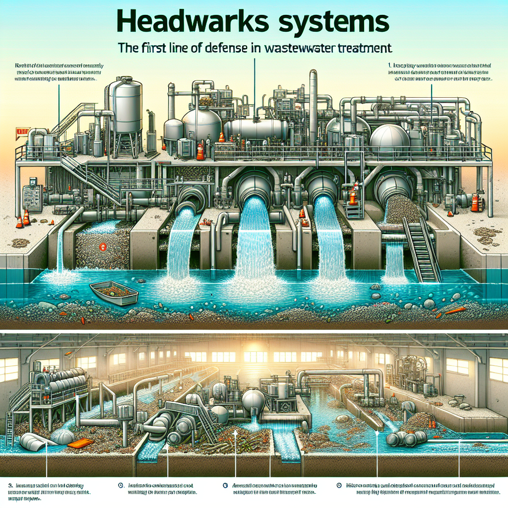 Illustration of a headworks system in a wastewater treatment plant, showing large pipes channeling water into tanks, machinery on top, and labeled sections highlighting various filtration and screening processes inside the facility.