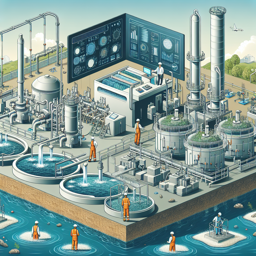An illustrated industrial water treatment facility with workers, control panels, large tanks, pipes, and pools. Some tanks have green roofs. The facility is next to a river, and workers in safety gear monitor the process.