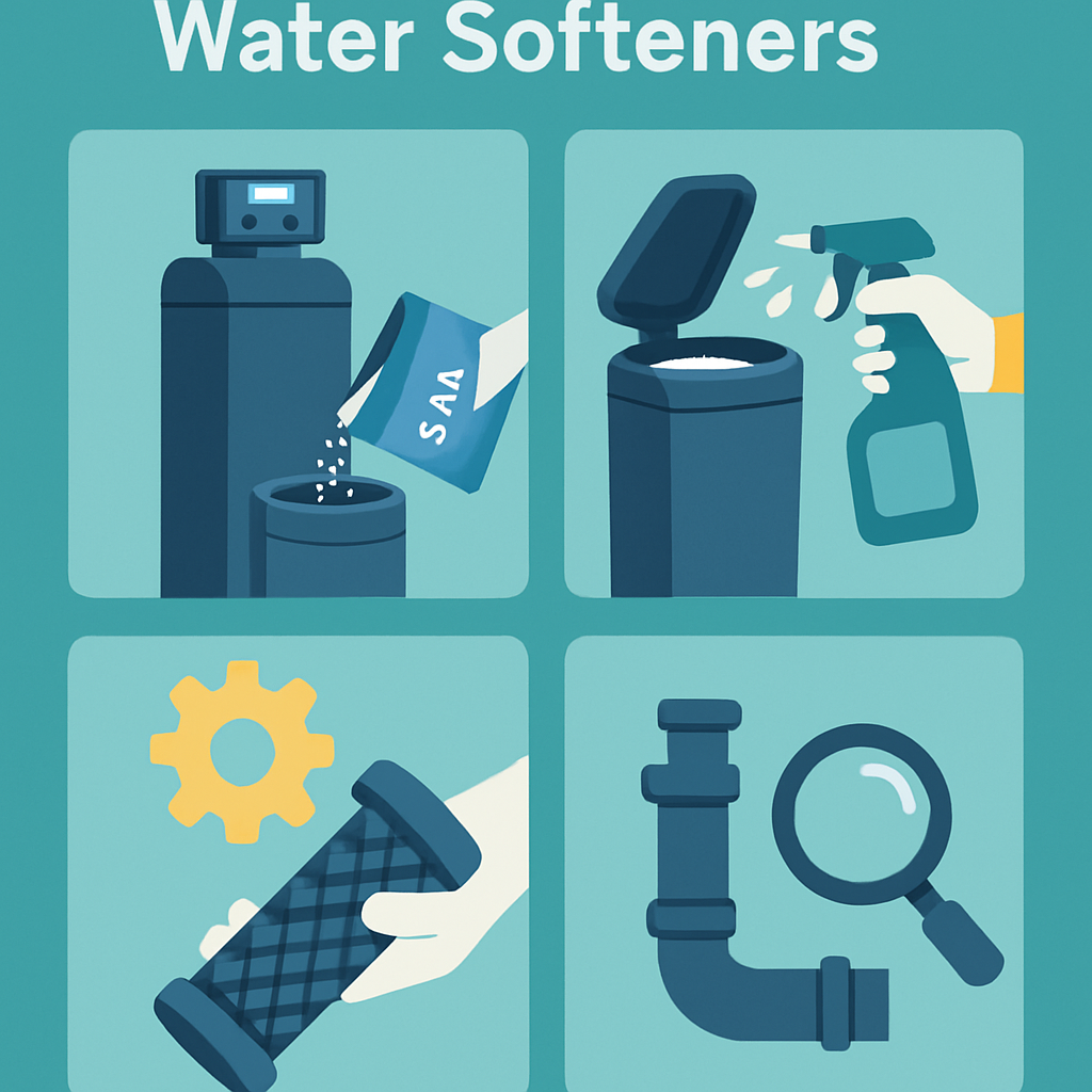 Illustration showing water softener maintenance: pouring salt, spraying cleaner, inspecting a filter, and checking pipes with a magnifying glass. Title reads "Water Softeners.