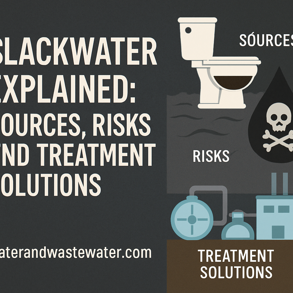 Infographic titled "Blackwater Explained: Sources, Risks, and Treatment Solutions" with illustrations of a toilet, a skull and crossbones, and water treatment equipment.