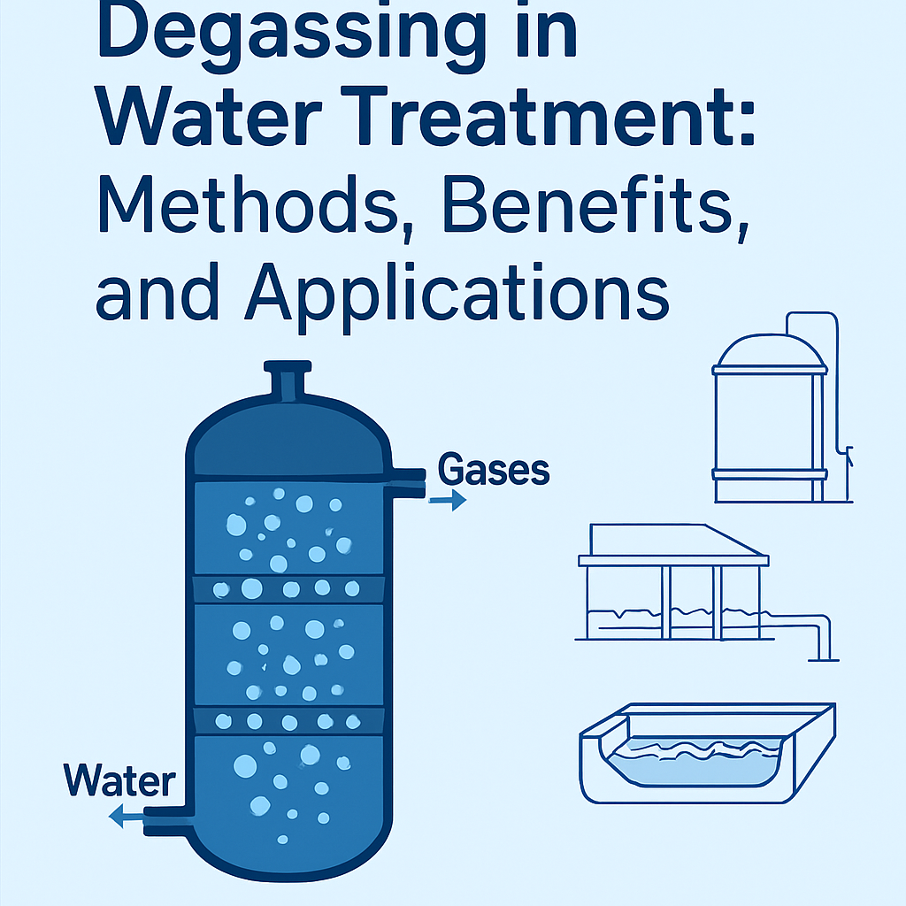 A diagram explains degassing in water treatment, showing a tank with water entering, gases exiting, and bubbles inside. Smaller illustrations show water treatment equipment. Text describes methods, benefits, and applications.