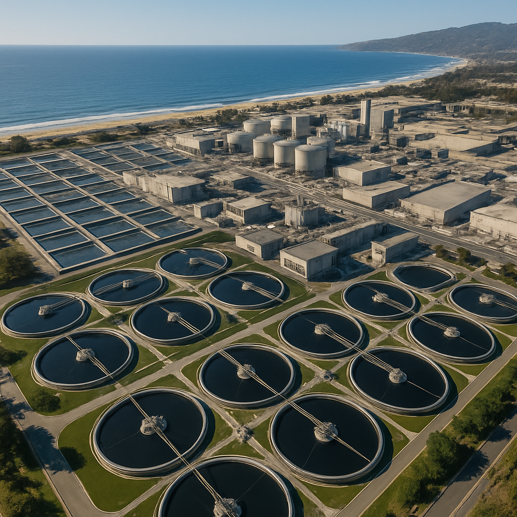Aerial view of a large coastal wastewater treatment plant with multiple circular and rectangular water tanks, surrounded by greenery, located near a beach and the ocean.