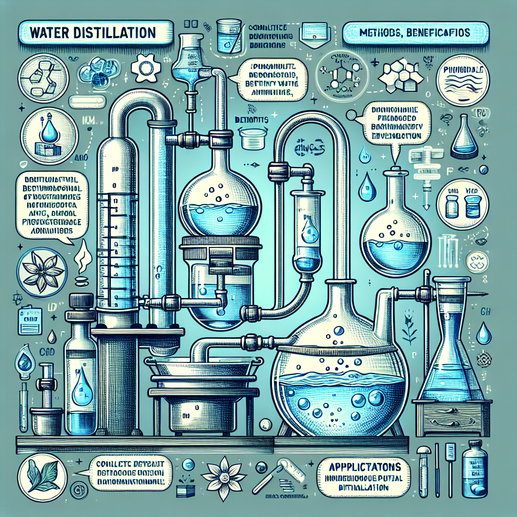 An illustrated infographic shows a water distillation apparatus with labeled glassware, flowing water droplets, chemical symbols, and icons explaining the process, benefits, and applications of water distillation in a clear visual style.
