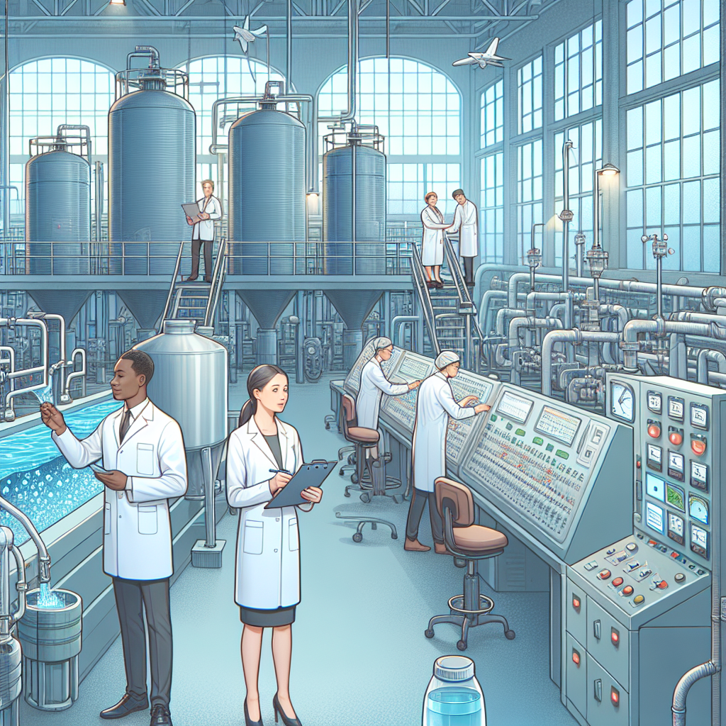 Scientists in lab coats work with control panels and large tanks in a modern industrial laboratory filled with pipes and equipment, monitoring processes and taking notes in a bright, spacious facility.