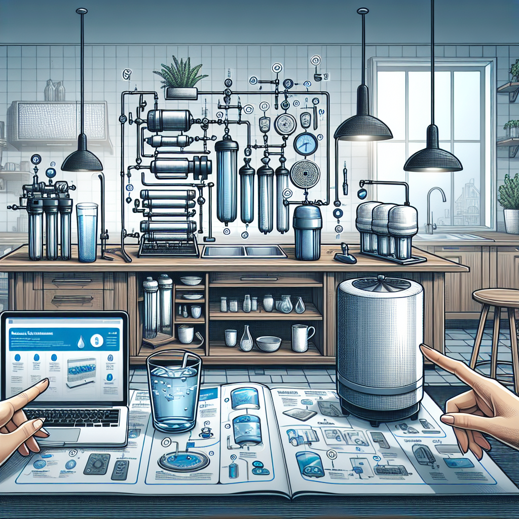 A modern kitchen features advanced water filtration equipment, blueprints, a laptop displaying water analysis, and a glass of water on a table, highlighting a focus on water purification technology and research.