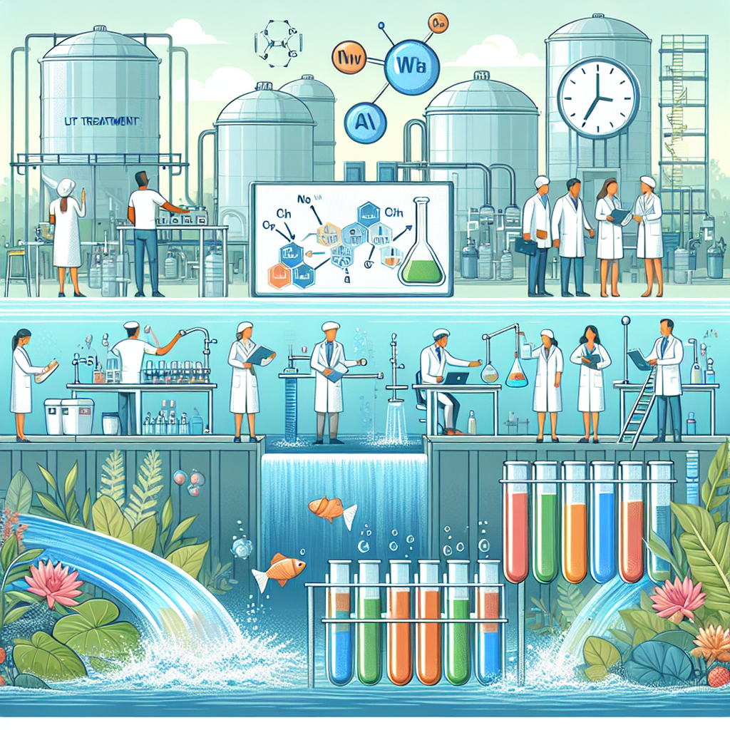 Scientists in lab coats work in a water treatment facility. They analyze samples, use lab equipment, and study water quality, while water flows through tanks and nature with fish and test tubes below. Scientific symbols and charts are visible.