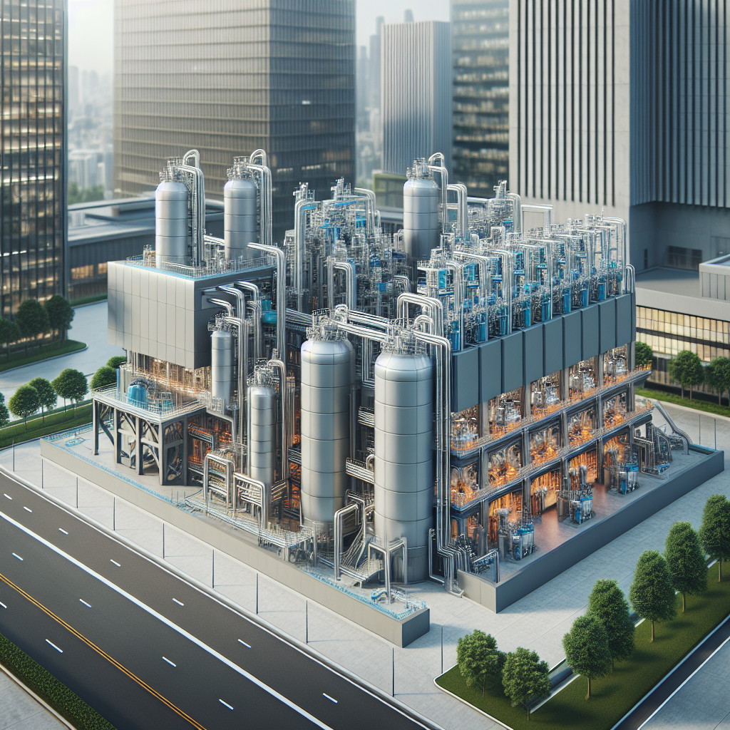 A large, modern chemical plant with tall tanks, pipes, and industrial equipment sits near office buildings in a clean cityscape, surrounded by roads and green lawns.