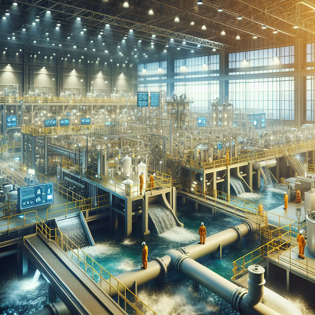 A modern, brightly lit water treatment plant interior with workers in orange suits, large pipes, tanks, flowing water, elevated walkways, and digital screens displaying control data.