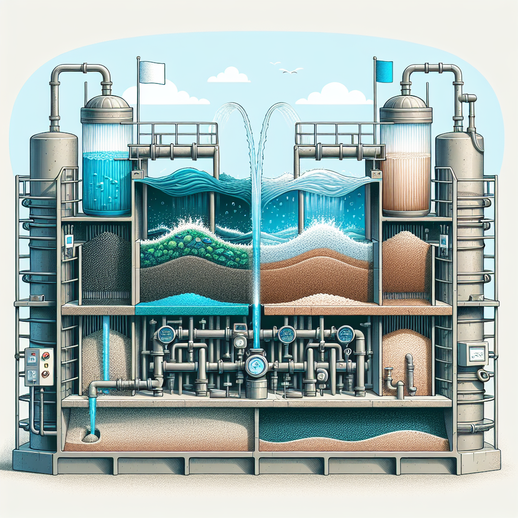 A detailed illustration of a water filtration plant shows water flowing through multiple layers of sand, gravel, and filters, with pipes, gauges, and tanks used for purification.