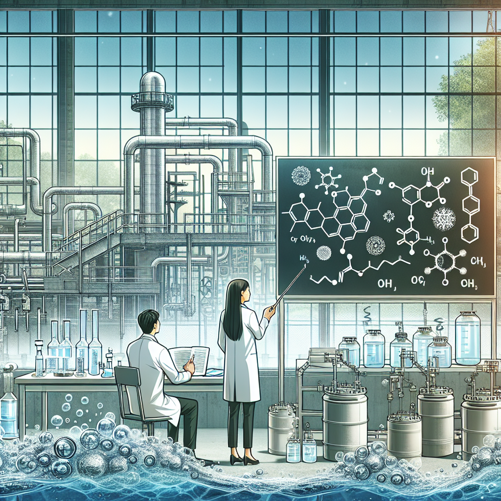 Two scientists in lab coats work in an advanced laboratory filled with chemical equipment. One sits at a desk with glassware, while the other points to complex chemical structures on a large chalkboard. Industrial pipes seen in the background.
