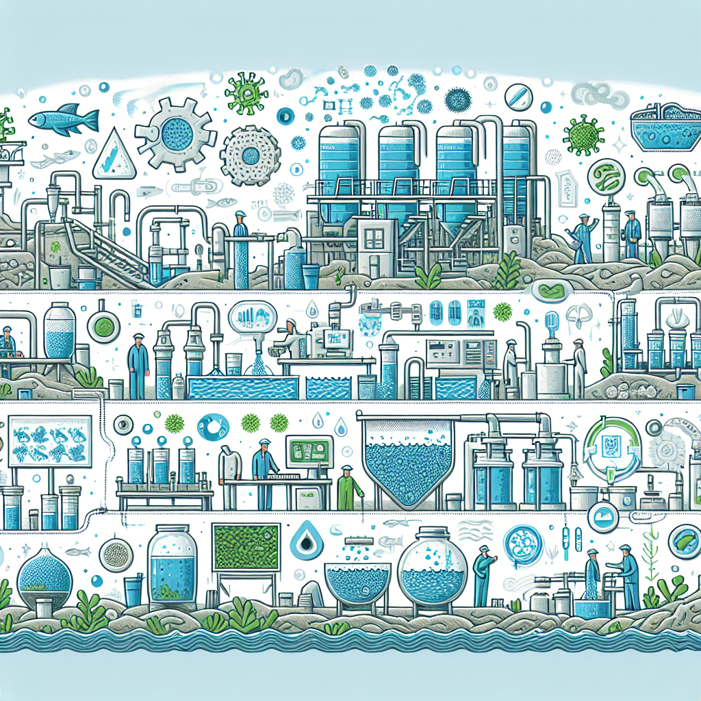 Illustration of a water treatment plant with tanks, pipes, scientists, laboratory equipment, and various stages of water purification, surrounded by scientific icons, graphs, and water droplets in blue and green tones.