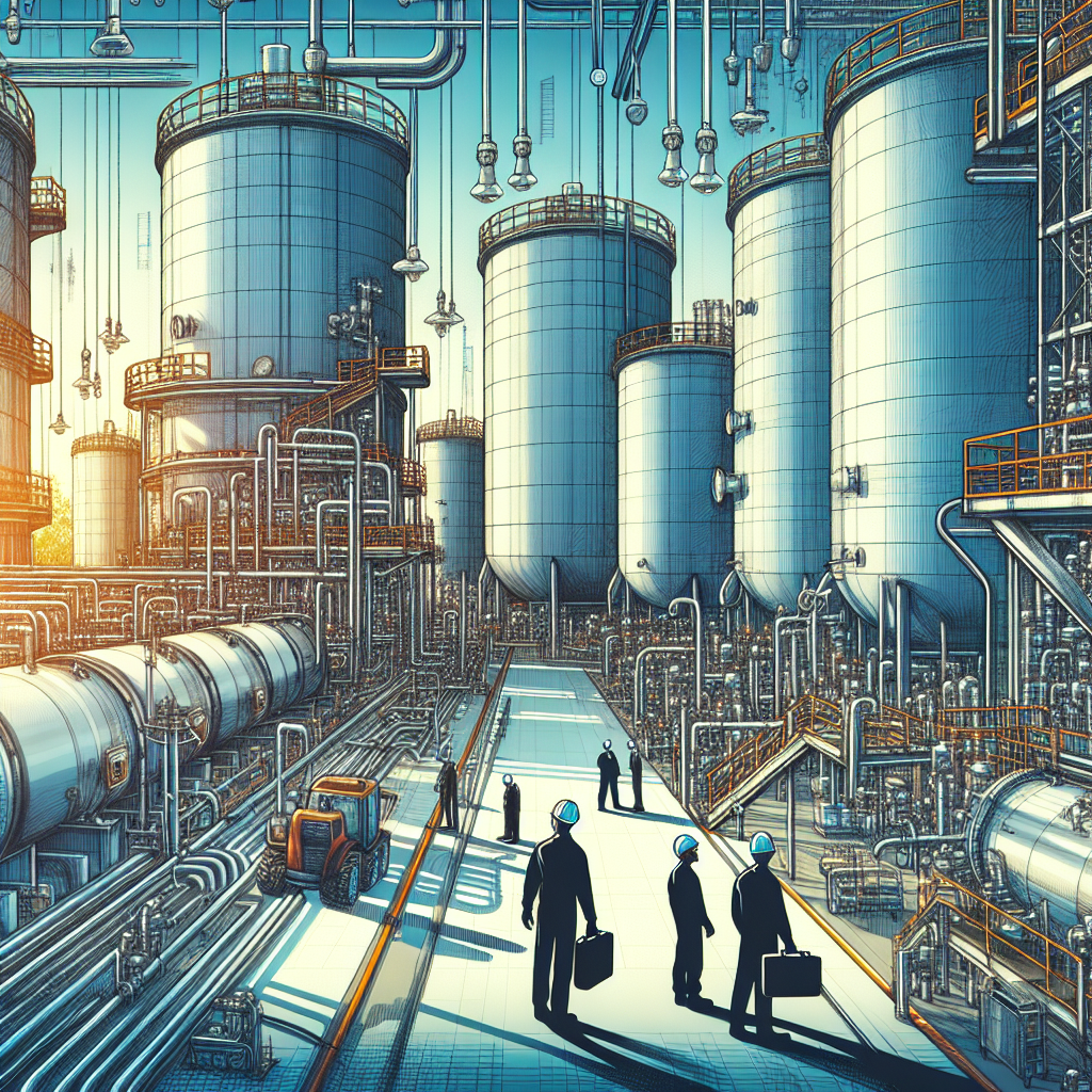 Several people wearing hard hats and carrying briefcases walk through an industrial facility with large storage tanks, pipes, and machinery under a bright sky.