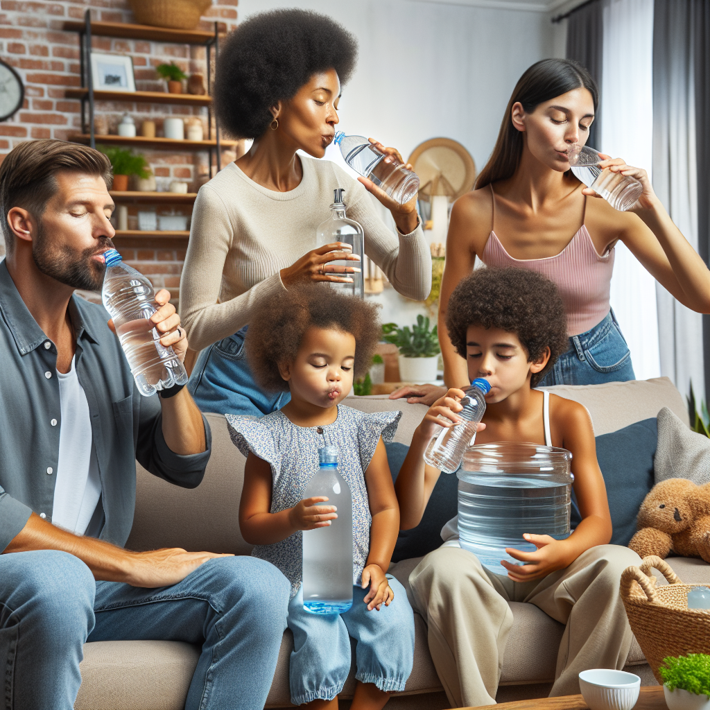 A diverse family of five sits together on a couch, each drinking water from various bottles and jars, in a cozy, modern living room with plants and shelves in the background.