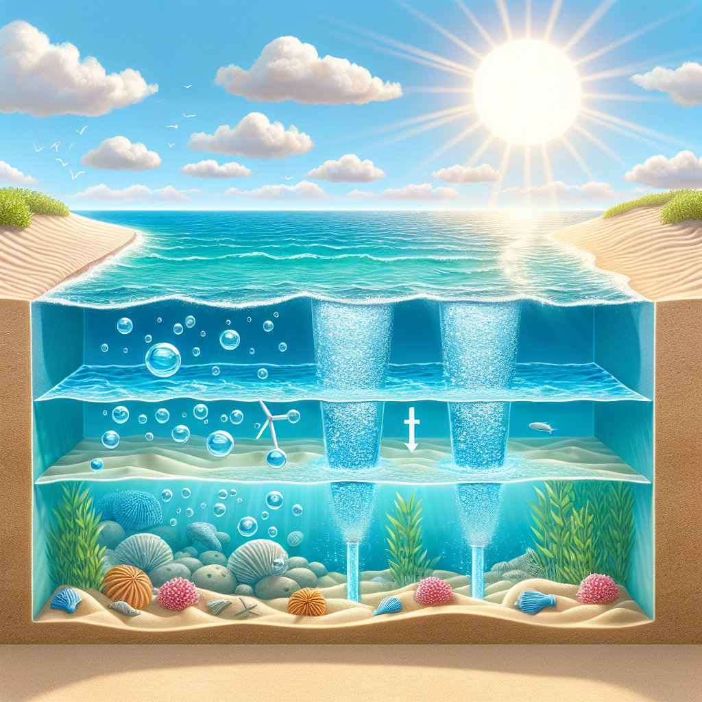 A cross-section illustration of an ocean under bright sunlight, showing layers of water with bubbles, arrows indicating water movement, and marine life like fish, shells, seaweed, and starfish on the sandy seafloor.