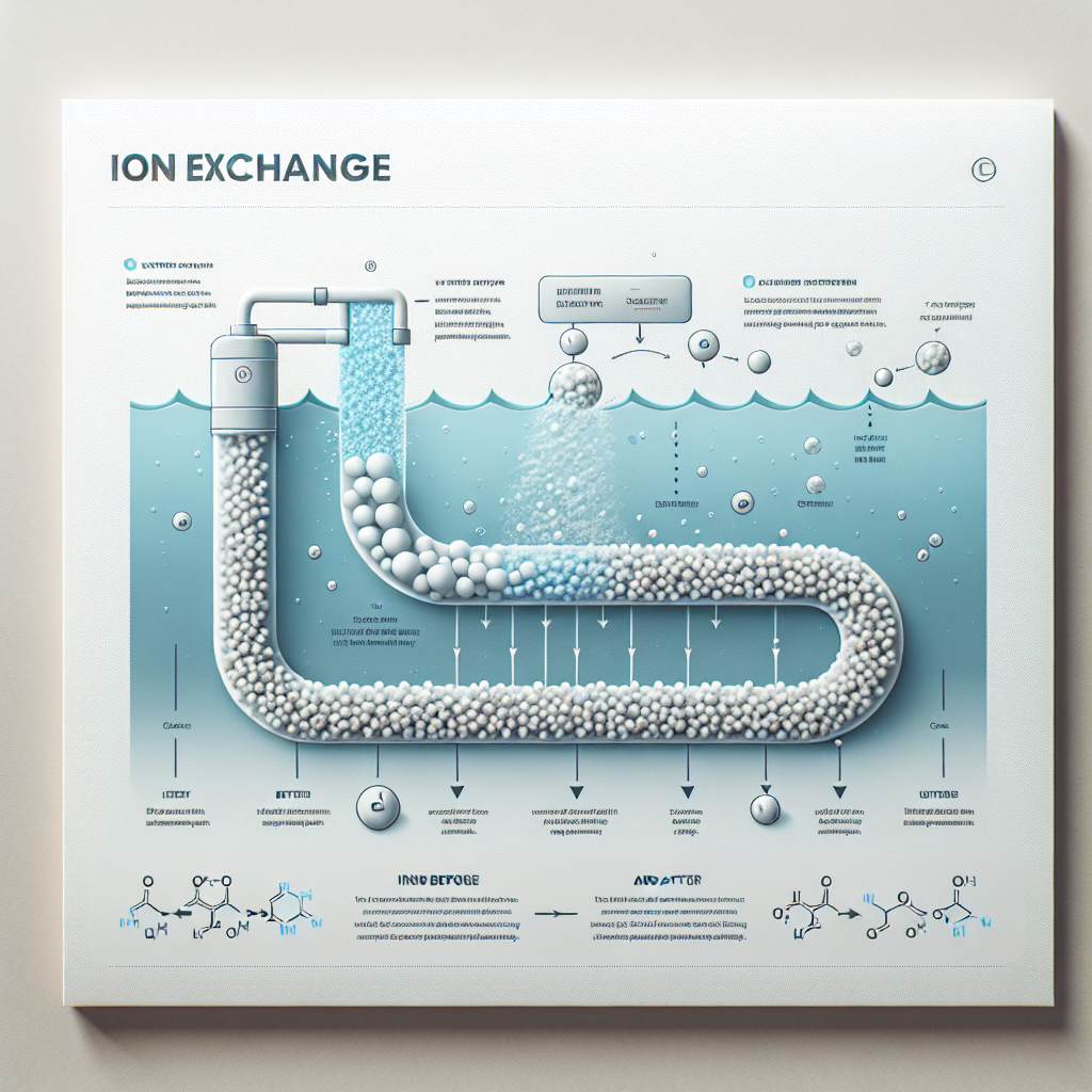 An infographic explains ion exchange, showing water flowing through a container filled with white beads, with annotated steps and chemical formulas illustrating the ion exchange process in water treatment.