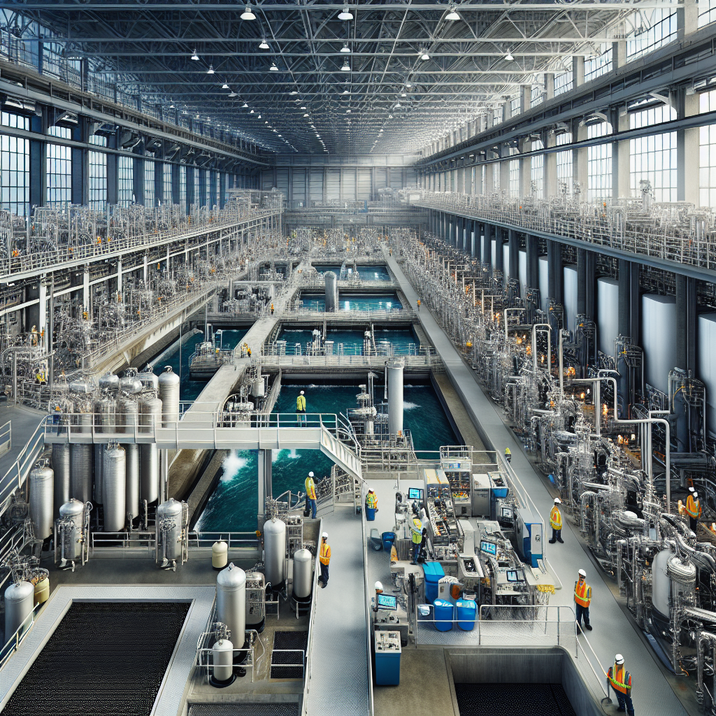 A large, modern industrial water treatment facility with multiple tanks, pipes, and machinery. Workers in safety vests and helmets monitor equipment throughout the spacious, well-lit complex.