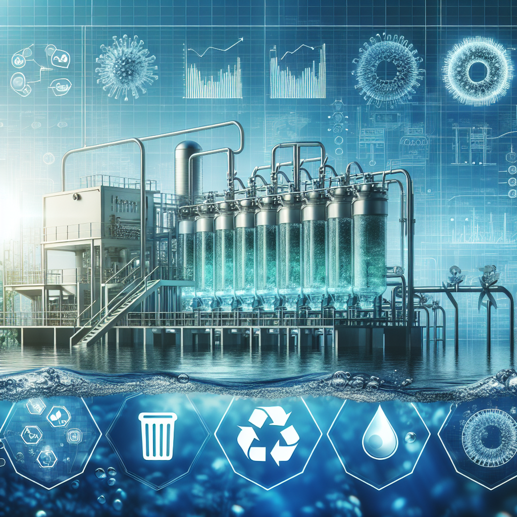 A modern industrial water treatment facility with tall cylindrical tanks, digital data overlays, and recycling, water drop, and waste icons, representing advanced water purification technology and sustainability.