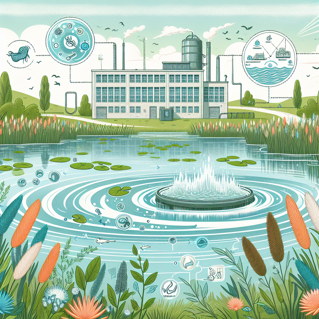An illustrated water treatment plant stands behind a pond with ripples, aquatic plants, and diagrams showing filtration, wildlife, and water cycles, set in a lush green landscape under a blue sky.