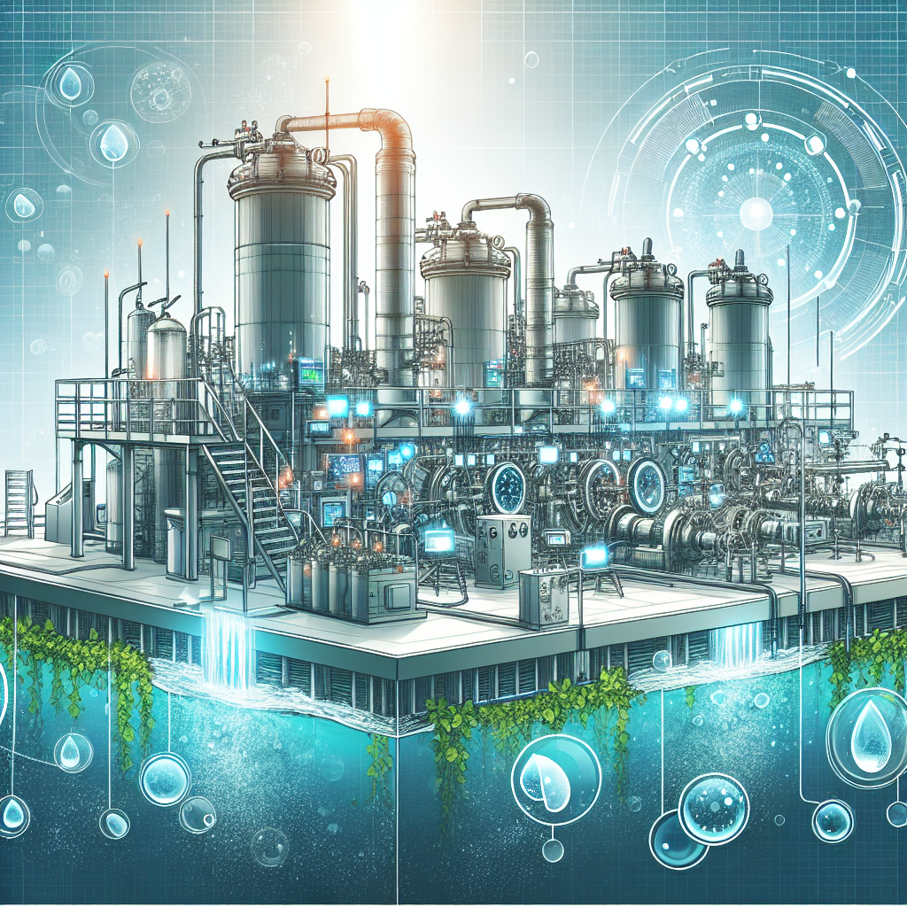 A futuristic, high-tech water treatment facility with large tanks, pipes, and glowing screens, set on a platform above clean water. Digital and scientific graphics surround the scene, suggesting advanced technology and sustainability.