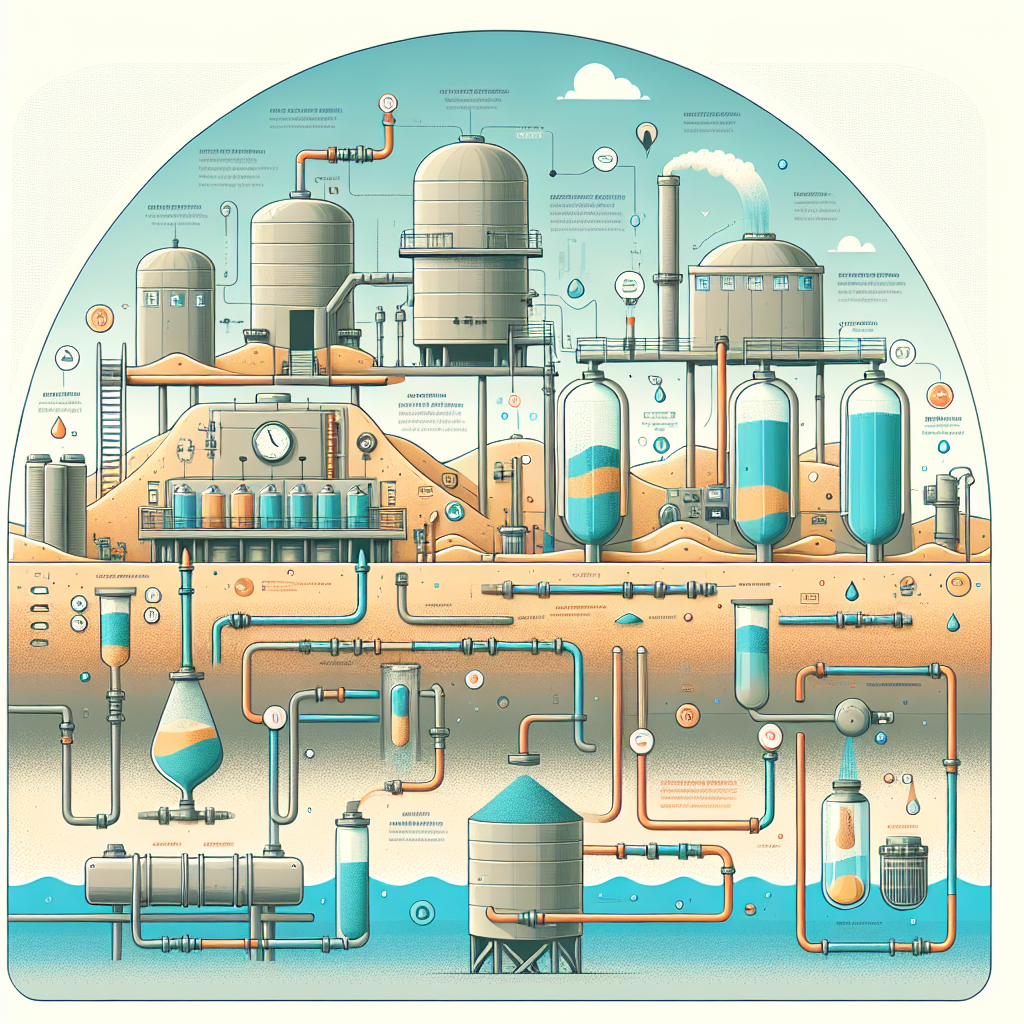 A detailed illustration of a water treatment plant, showing tanks, pipes, filters, and labeled machinery in a cross-sectional view, with water flow and treatment processes depicted throughout the system.