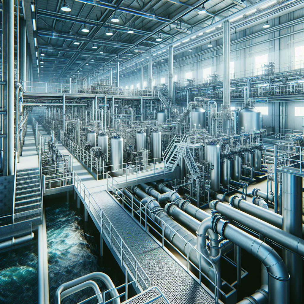 Large, modern industrial facility with numerous stainless steel tanks, pipes, and walkways. Bright overhead lights illuminate the clean, organized space, and water can be seen flowing beneath a grated platform.